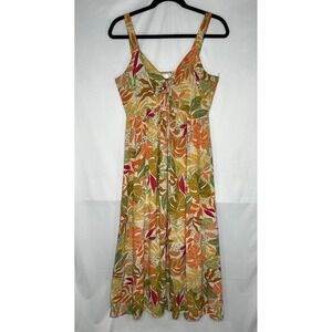 Goa Beachwear by Japna Tropical Leaf Print Smocked Midi Dress XL Orange Green